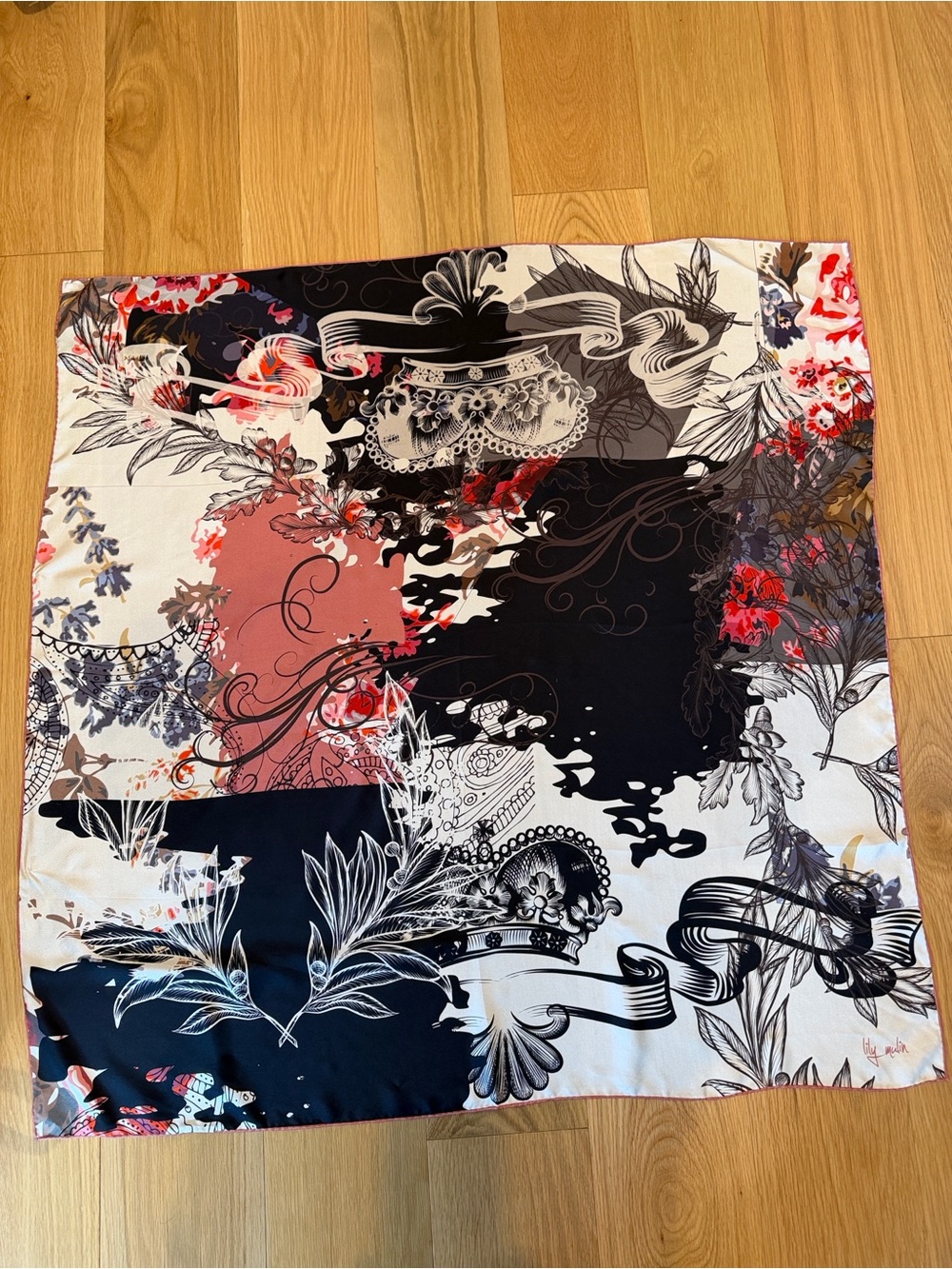 Lily Mulin Floral Patchwork Silk-Scarf - Black, Cream & Coral